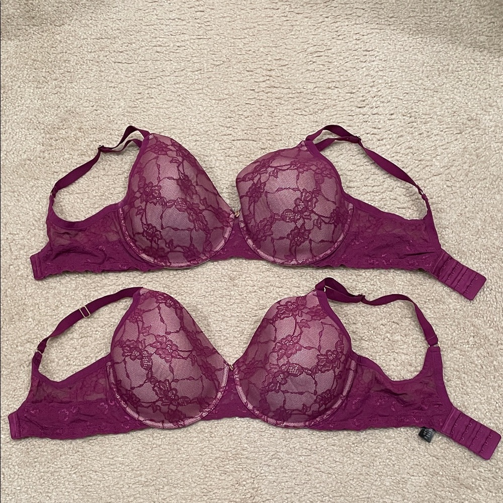 2 Preowned Natori Elegant Lace Bras purple 36F